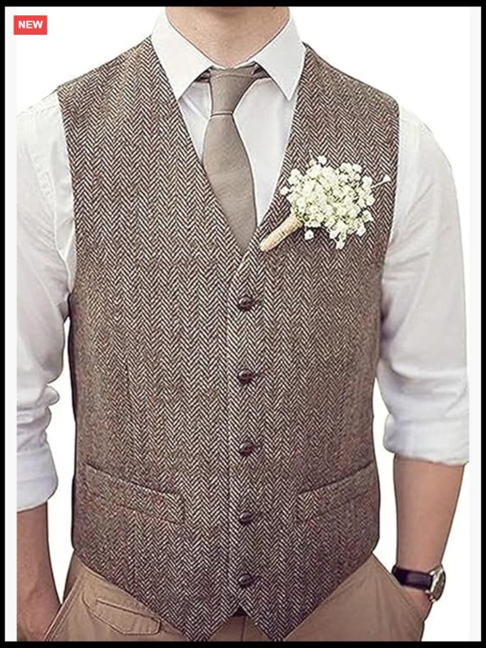 Men's Tweed Herringbone Wool Waistcoat Vest for Wedding Formal